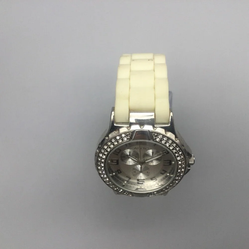 ALDO Womens Watch 41mm Silver Dial Crystals Beige Silicone New Battery 6.75